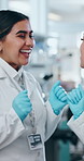 Tablet, science and women in lab, excited and happy with  results, gloves and medical research of medicine.  Celebration, online and breakthrough with biotechnology, intern and scientists in clinic