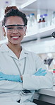 Microscope, science and woman in lab, glasses and portrait of person with smile, happy and biotechnology. Healthcare,  confidence and scientist in clinic,  medical research and gloves of professional