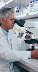 Scientist, mature woman and microscope in science lab for medical research, cure or pharmaceutical or medicine. Person, equipment and tech for innovation in healthcare, pathology or chemistry study