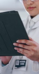 Hands, science and tablet with doctor in laboratory for discovery, experiment or innovation. Healthcare, medical and research with scientist person in lab coat for breakthrough or development