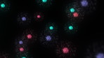 Particle, graphic and molecules with colorful light for medical research and study with black background. Lab, germs and floating with illustration of virus, cell and futuristic analysis of illness