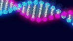 Science, neon and glow of dna on black background for genetic information storage and graphic icon for illustration. Double helix, spiral shape and strand for evolution, transmission and chromosomes.