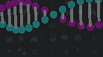 Science, cartoon and dots of dna on black background for genetic information storage and graphic icon for illustration. Double helix, spiral shape and strand for code, transmission and chromosomes.