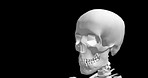 Skull, motion and skeleton walking for medical information, research or biology with design of human body. Head structure, cranium or science of anatomy on black background for diagnosis, 3d or bones