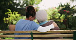 Back, hug and senior woman with caregiver on bench in retirement community with daily assistance and support. Elderly person, nurse and relax for bonding and wellness by residential care home.