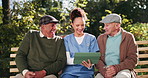 Elderly, people and caregiver with tablet outdoor for explaining, help and tech assistance for features. Senior, men and nurse with internet for communication, social media video and online games.