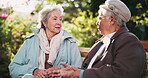 Bench, conversation and empathy with old women in park together for bonding or retirement. Explain, relax and understanding with senior friends talking outdoor in garden or nature for community