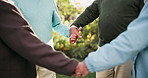 Holding hands, senior people and park with support, care and love together outdoor with group. Friends, trust and garden with solidarity, kindness and empathy in retirement and nature in morning