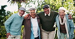 Senior people, couple of friends and happy in garden on portrait at old age house. Diversity, relationship and smile or excited at park in retirement home as pensioners with fun, support and care