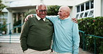 Hug, happy and senior men outdoor of hotel with conversation, bonding or memories. Friends, connection and elderly male people laughing and embracing with care at holiday resort together in Mexico.