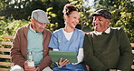 Senior men, caregiver and smile with tablet in garden at old age house and check health progress or update. People, nurse and smile with patients in retirement house for teaching or learning on app