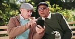 Senior, men and relax with phone outdoor for browsing social mean, discussion and advice of location on map. Elderly, people and talking with mobile for travel destination, notification and memory