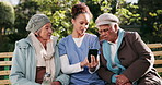 Senior, people and caregiver with smartphone outdoor for explaining, help and tech assistance for features. Elderly, women and nurse with mobile for communication on emergency or safety apps support.