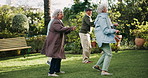 Outdoor, dance and senior people with wellness, friends and retirement with movement, smile and support. People, backyard and group with happiness, healthy routine and recreation al activity in park