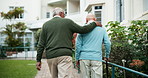 Help, walking stick and back of senior men outdoor of hotel with conversation, bonding or memories. Friends, care and elderly male people embracing for assistance at holiday resort together in Mexico