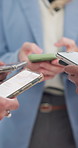 Business people, hands and typing with phone for research, social media or news in data sync at office. Closeup or group of employees scrolling on mobile smartphone for web, search or connection