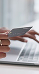 Business person, hands and laptop with credit card for online purchase, banking or payment at office. Closeup of employee, shopper or debit on computer for eccomerce, fintech or remote transaction