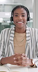 Black woman, consultant and video call with headphones for customer service or telemarketing at office. Portrait or pov of young African, female person or agent talking with mic for online assistance