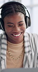 Business, black woman and dancing with headphones in office for music, excited and podcast for motivation. Smile, African and female person with energy, streaming radio and audio sound of inspiration