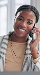 Business, phone call and black woman in office, conversation and network for communication. African person, consultant and agent with smartphone, discussion and app for discussion and confirm project