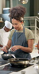 Woman, learning and cooking class in kitchen, industry or hospitality for diet, nutrition or food. Female person, culinary and gourmet cuisine for menu, professional or skill in preparation in school