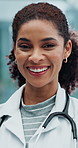 Face, doctor and black woman with medical confidence, smile and services in hospital, clinic or public health care. Portrait of professional worker or physician with uniform, excellence and integrity