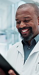 Black man, doctor and tablet for happy online results, news or software management of patient history or assessment. Medical worker or physician smile with digital tech for online research solution