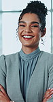 Crossed arms, laugh and face of business woman with confidence for work, career and job opportunity. Professional, corporate consultant and portrait of happy person in office for insurance company