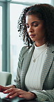Report, email and woman in office typing article on review, website or professional online advice. Business, planning and consultant at computer writing feedback, research or notes in coworking space