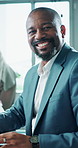 Smile, confidence and portrait of black man at desk for consulting service, business management or online support. Office, face and happy businessman with computer, typing and pride at digital agency