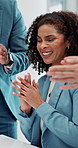 Business people, woman and celebration with applause in meeting for company success, kpi target or onboarding . Finance team, excited or clapping hands with support for investment deal or achievement