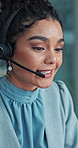 Call center, woman and talking on microphone or happy for assistance, customer service or friendly operator. Telemarketing agent, consultant and advice with headset for communication or telecom sales