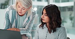 Woman, employees and happy on laptop at office for financial reports, reviews and feedback. People, accountants  and smile with teamwork or collaboration with discussion for business budget and stats