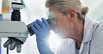 Science, mature and scientist in laboratory with microscope for observation, medical and biology experiment for study. Woman, biotechnology and clinical analysis for disease diagnosis and lens flare.