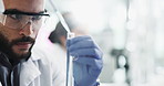 Man, science and dropper with tube in laboratory, precision and chemical liquid in investigation, Scientist, experimental chemistry and cure innovation, reaction observation and research development