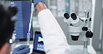 Hands, tube and syringe in laboratory with science, computer and experiment with liquid, test and assessment. Person, vial and chemical for medicine, drugs or vaccine development at pharma company