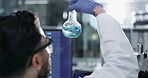 Scientist, container and chemical shake in lab, scientist and experimental chemistry or experiment. Formulation, cure innovation and reaction observation, safety gloves and breakthrough study or back