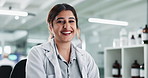 Woman, scientist and smile in lab for medical or science research and investigation. Female person, portrait and happy or proud for career growth as expert for drug trial, experiment and results