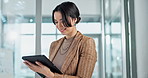 Happy, business woman and research with tablet for project management, schedule planning or company improvement at office. Young female person or employee with smile on technology for online data