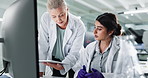 Teamwork, science and women with tablet for research, innovation or chemistry with lab assistant. Medical, scientist and collaboration on computer for exam, discussion and biotechnology with mentor