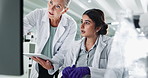 Team, scientist and women with tablet for research, development or chemistry with lab assistant. Medical, science and collaboration on computer for exam, discussion or study biotechnology with mentor