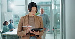 Business people, woman and presentation in meeting, tablet and planning with opportunity, share idea and opinion. Group, employees and coworkers with options, feedback for project and review progress