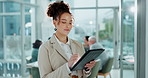 Woman, tablet and reading notes for meeting with ideas, planning or presentation with colleagues in boardroom. Person, digital touchscreen and writing with checklist, proposal or pitch in office