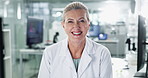 Mature woman, scientist and smile in lab for medical or science research and investigation. Female person, portrait and happy or proud for career growth as expert for drug trial and experiment