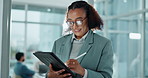 Happy woman, business and writing with tablet for schedule planning, task or project at office. Female person or employee with smile taking notes on technology for digital innovation at workplace