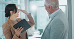 High five, discussion and business people with tablet in office for investment, review or good news. Corporate, manager and woman with tech in conversation for finance, success or stock market growth