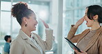 Happy, business woman and high five with tablet for schedule, tasks or calendar before meeting at office. Female person, employees or friends touching with technology for project success or teamwork