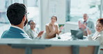 Businessman, whiteboard and meeting with team in applause for presentation, well done or good job at office. Man or speaker talking to group of employees clapping for success or speech at workplace