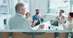 Mature businessman, whiteboard and meeting with team in applause for presentation, well done or good job at office. Man, executive or CEO talking to group of employees clapping on speech at workplace