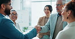 Business people, handshake and applause with introduction for meeting, teamwork or agreement together at office. Group of employees shaking hands or clapping for partnership in boardroom at workplace